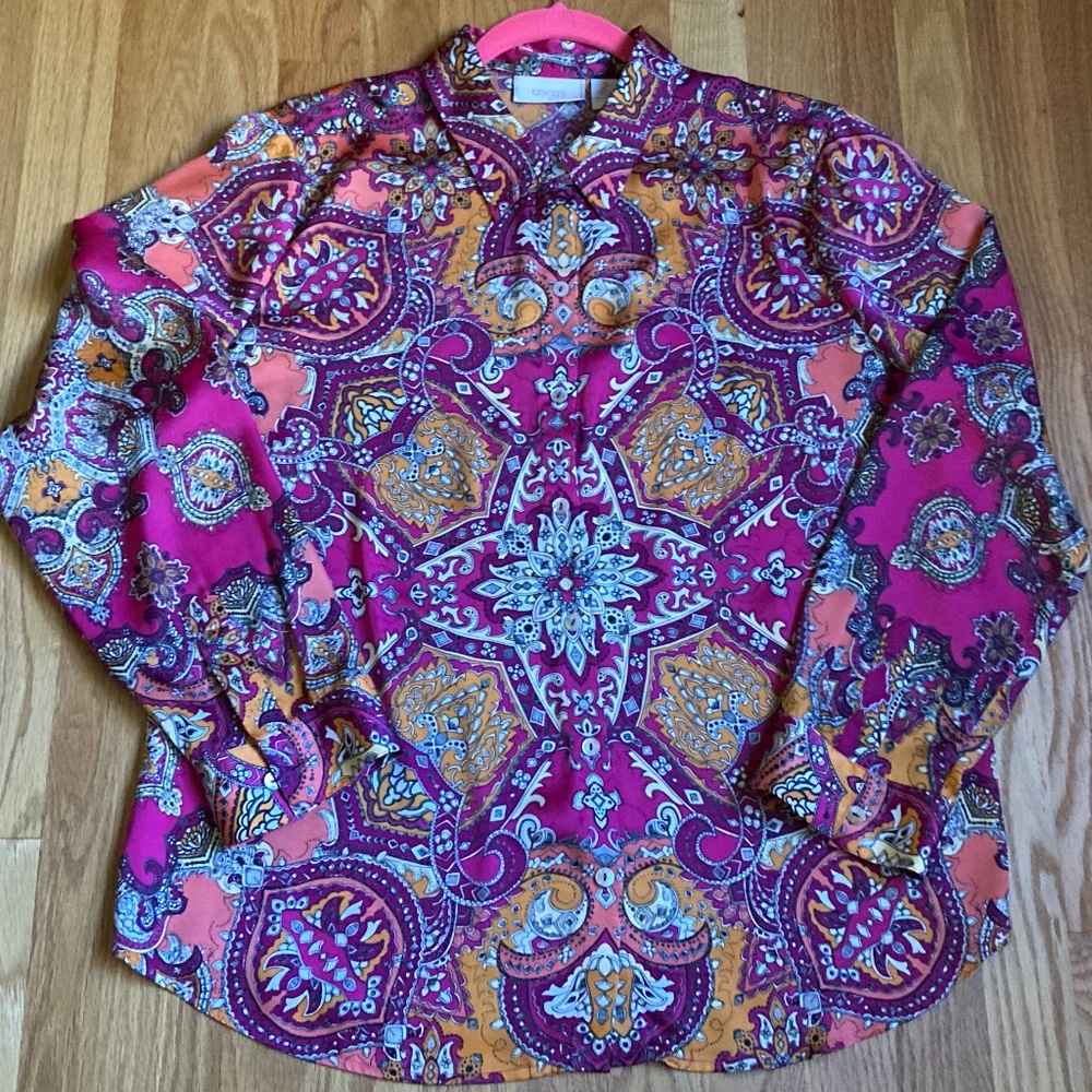 Silky Fuchsia & Orange/Black & White Print Button Down Blouse, Chico's Size 2